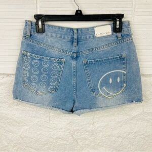 KHAKI + BLUE cotton denim jean smiley face pocket shorts size 28